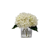 Faux Cream Hydrangeas Floral Arrangement in Square Glass Vase