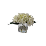 Mini Faux Cream Hydrangeas Floral Arrangement in Square Glass Vase
