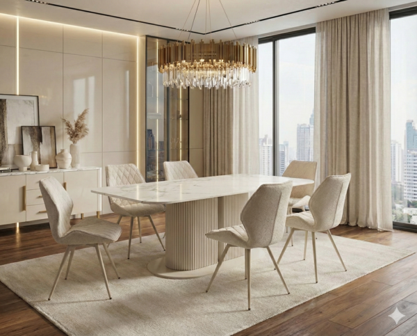 Sydney Cream Ceramic Set of Dining Table with 6x chairs
