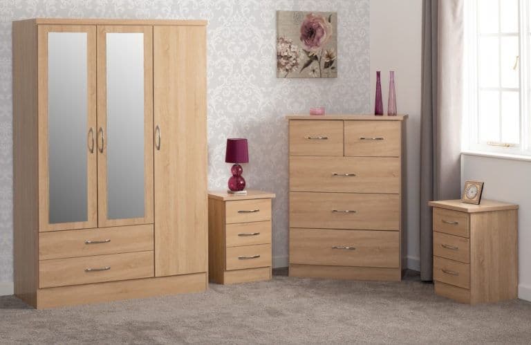 3 Door 2 Drawer Mirrored Wardrobe Bedroom Set