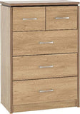 Charles 3+2 Drawer Chest Oak Effect Veneer With Walnut Trim