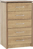 Charles 5 Drawer Narrow Chest Oak Effect Veneer With Walnut Trim