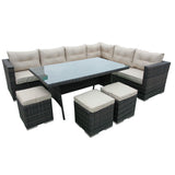 Classic Beige Grey Rattan Garden Corner Sofa Dining Set