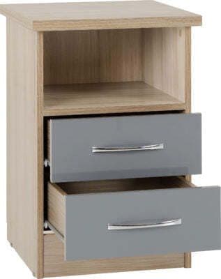 Nevada 2 Drawer Bedside Grey Gloss-Oyster Gloss/Light Oak Effect Veneer