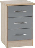 Nevada 3 Drawer Bedside Chest Grey Gloss- Oyster Gloss/Light Oak Effect Veneer